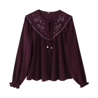 Women's Vintage Deep Wine Red Blouse With Large Embroidery Beaded Collar Loose Fit Long Sleeve Tie Neck Ruffle Cuff Crinkle Texture Shirt Top