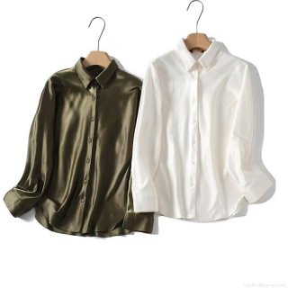Elegant Women's Satin Blouse Long Sleeve Lapel Single Breasted Solid Color Shirt Silk-like Texture Top For Office Commuter Party Polyester Spandex Blend Blouse