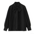 Women's Elegant Black Bow Tie Neck Blouse Loose Fit Long Sleeve Chiffon Polyester Shirt Casual Office Daily Top For Women