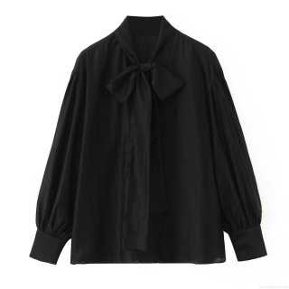 Women's Elegant Black Bow Tie Neck Blouse Loose Fit Long Sleeve Chiffon Polyester Shirt Casual Office Daily Top For Women