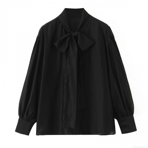 Women's Elegant Black Bow Tie Neck Blouse Loose Fit Long Sleeve Chiffon Polyester Shirt Casual Office Daily Top For Women