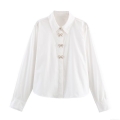 Women's Elegant White Poplin Long Sleeve Shirt With Rhinestone Pearl Bowknot Jewelry Buttons Casual Lapel Blouse For Daily Office Party Winter Fashion