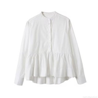 Women's White Long Sleeve Blouse Elegant Stand Collar Ruffle Hem Patchwork Top Sweet Loose Fit Polyester Spandex Shirt For Daily Office Wear