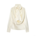 Women's Elegant Cream Satin Blouse With High Neck Bow Tie Long Sleeve Waisted Pleated Top For Party Date Night Lady Socialite Shirt