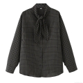 Women's Casual Cotton Plaid Long Sleeve Shirt Loose Fit Bow Tie Neck Button Down Blouse Elegant Checkered Tops for Women Daily Office Wear