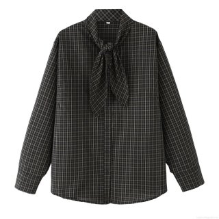 Women's Casual Cotton Plaid Long Sleeve Shirt Loose Fit Bow Tie Neck Button Down Blouse Elegant Checkered Tops for Women Daily Office Wear