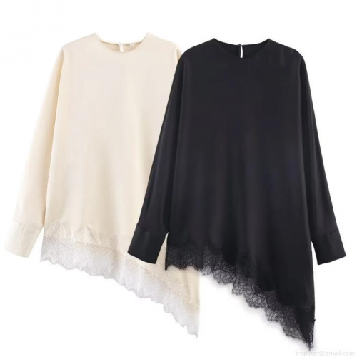 Women's Elegant Satin Long Sleeve Blouse With Asymmetric Lace Hem Loose Round Neck Pullover Top For Casual Daily Party Fashion Streetwear