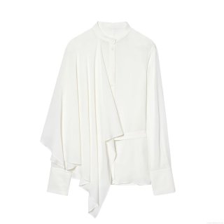 Women's Elegant Asymmetrical Satin Blouse Long Sleeve Stand Collar Shirt Solid White Silk-Like Draped Top With Belt For Office Lady Commuting Chic Fashion