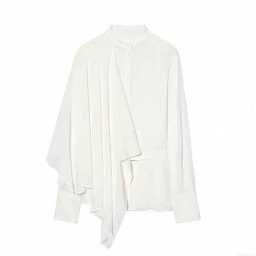 Women's Elegant Asymmetrical Satin Blouse Long Sleeve Stand Collar Shirt Solid White Silk-Like Draped Top With Belt For Office Lady Commuting Chic Fashion