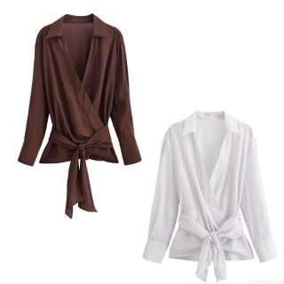 Women's Elegant Striped Wrap Shirt With Waist Tie V-Neck Long Sleeve Polyester Blouse For Office Daily Commute Fashion Slim Fit Top