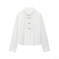 Elegant White Poplin Long Sleeve Blouse For Women With Rhinestone Bow Jewelry Buttons Office Commute Work Shirt Spring Autumn Fashion