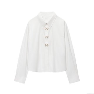 Elegant White Poplin Long Sleeve Blouse For Women With Rhinestone Bow Jewelry Buttons Office Commute Work Shirt Spring Autumn Fashion
