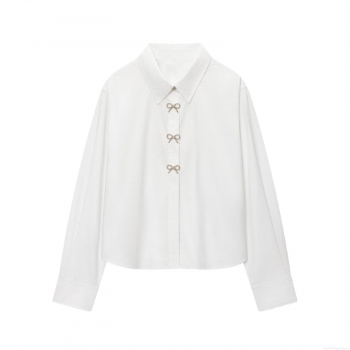 Elegant White Poplin Long Sleeve Blouse For Women With Rhinestone Bow Jewelry Buttons Office Commute Work Shirt Spring Autumn Fashion