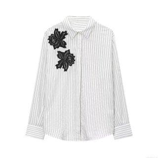 Women's Striped Blouse With 3D Flower Applique Cotton Polyester Long Sleeve Lapel Shirt Casual Loose Tops For Office Daily Wear Women Clothing