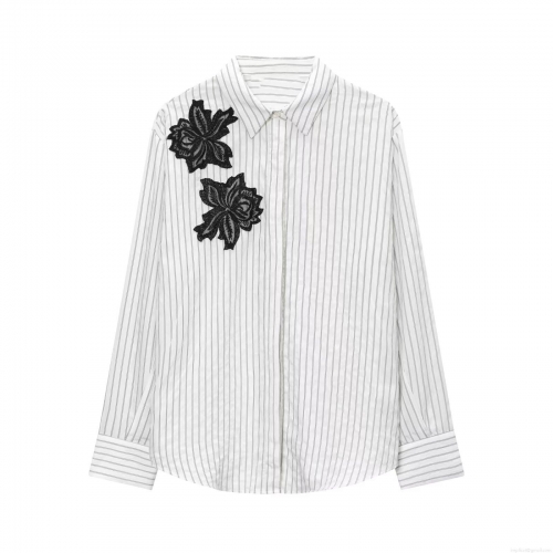 Women's Striped Blouse With 3D Flower Applique Cotton Polyester Long Sleeve Lapel Shirt Casual Loose Tops For Office Daily Wear Women Clothing