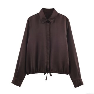 Women Elegant Satin Blouse Long Sleeve Turn-down Collar Shirt with Adjustable Drawstring Hem Casual Loose Fit Deep Brown Solid Color Top Office Wear