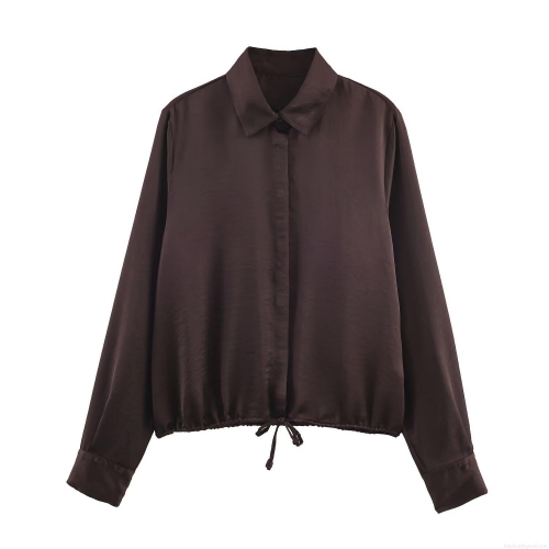 Women Elegant Satin Blouse Long Sleeve Turn-down Collar Shirt with Adjustable Drawstring Hem Casual Loose Fit Deep Brown Solid Color Top Office Wear