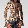 Sexy Leopard Print Long Sleeve Blouse Women Deep V Neck Ruching Slim Fit Top Ruffle Flare Cuff Polyester Spandex Clubwear Streetwear Autumn Fashion