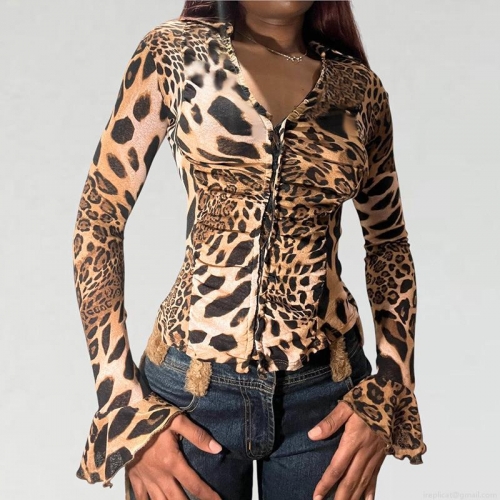 Sexy Leopard Print Long Sleeve Blouse Women Deep V Neck Ruching Slim Fit Top Ruffle Flare Cuff Polyester Spandex Clubwear Streetwear Autumn Fashion