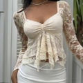 French Retro Lace Long Sleeve Top Women Sexy Hollow Out Ruched Slim Fit Crop Blouse Elegant Ruffled V-Neck Sheer Floral Lace Shirt For Dating Party