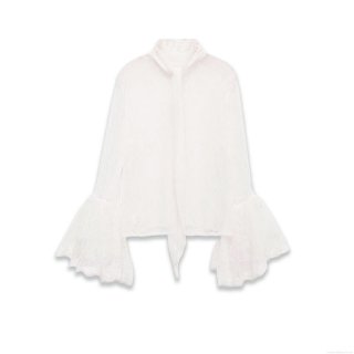 Elegant White Lace Blouse With Flared Sleeves Vintage Tie Neck Hollow Out Long Sleeve Shirt For Women Sexy Mesh See Through Party Tops