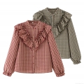Women's 100% Cotton Plaid Shirt Ruffle Decoration Stand Collar Long Sleeve Button Down Blouse Retro Sweet Casual Tops for Women