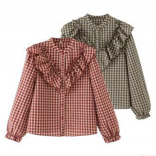 Women's 100% Cotton Plaid Shirt Ruffle Decoration Stand Collar Long Sleeve Button Down Blouse Retro Sweet Casual Tops for Women
