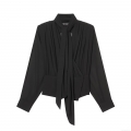 Elegant Women Black Pearl Chiffon Long Sleeve Blouse Fashionable Tie-Neck Bow Pleated Draped Office Work Pullover Shirt Tops Casual Solid Color Blouses