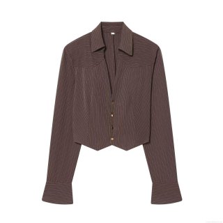 Women's Striped Cropped Shirt With Padded Shoulders Deep V-Neck Gold Buttons Long Sleeve Polyester Blouse For Office Lady Elegant Retro Brown Tops