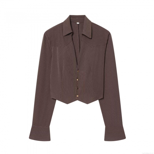 Women's Striped Cropped Shirt With Padded Shoulders Deep V-Neck Gold Buttons Long Sleeve Polyester Blouse For Office Lady Elegant Retro Brown Tops