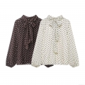 Women Elegant Polka Dot Chiffon Blouse With Bow Tie Neck Lantern Long Sleeve Casual Pullover Shirt For Women Fashion Ladies Tops