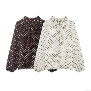 Women Elegant Polka Dot Chiffon Blouse With Bow Tie Neck Lantern Long Sleeve Casual Pullover Shirt For Women Fashion Ladies Tops