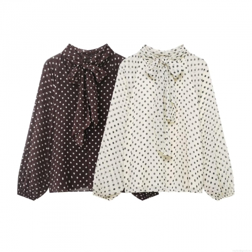 Women Elegant Polka Dot Chiffon Blouse With Bow Tie Neck Lantern Long Sleeve Casual Pullover Shirt For Women Fashion Ladies Tops