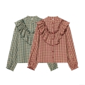 Women's Plaid Ruffle Shirt Vintage Layered Long Sleeve Button Down Blouse Polyester Gingham Tops For Daily Dating Sweet Style Female Clothes