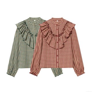 Women's Plaid Ruffle Shirt Vintage Layered Long Sleeve Button Down Blouse Polyester Gingham Tops For Daily Dating Sweet Style Female Clothes