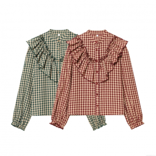 Women's Plaid Ruffle Shirt Vintage Layered Long Sleeve Button Down Blouse Polyester Gingham Tops For Daily Dating Sweet Style Female Clothes