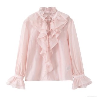 Women's Elegant Ruffled Chiffon Blouse Fashionable Long Sleeve Stand Collar Tie-Up Shirt Solid Color Top For Lady Party Wear Spring Autumn