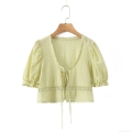 Women Sweet Lace Up Blouse Tencel Blend Puff Sleeve V Neck Crop Top With Lace Trim Fashion Solid Color Summer Shirt And Camisole