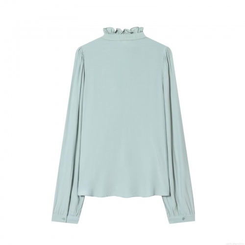 Women's Elegant Ruffle Collar Long Sleeve Polyester Blouse Sweet Solid Color Pleated Chiffon Texture Shirt For Office Daily Lady Style