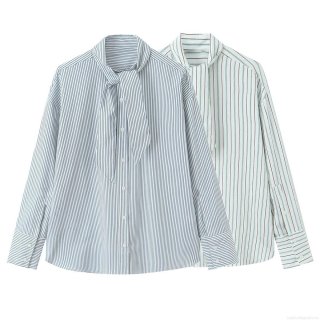 Women Striped Poplin Shirt With Pussy Bow Tie Collar Long Sleeve Button Down Blouse Elegant Office Wear For Ladies