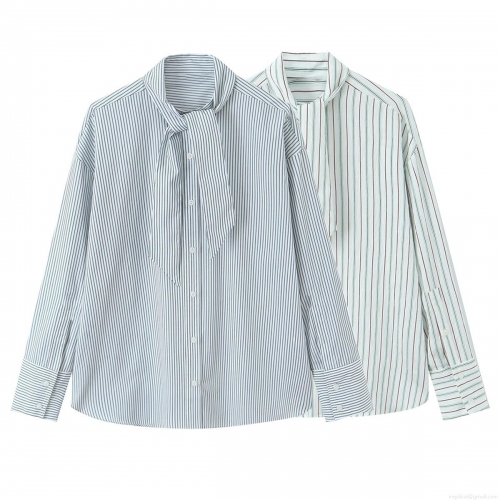 Women Striped Poplin Shirt With Pussy Bow Tie Collar Long Sleeve Button Down Blouse Elegant Office Wear For Ladies