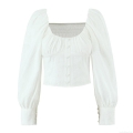 Women Retro Square Neck Puff Sleeve Blouse Smocked Back Crop Top Solid Color Polyester Blend Elegant Long Sleeve Shirt For Party Date