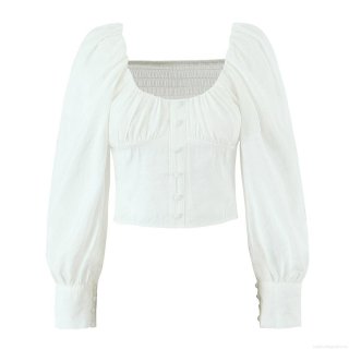 Women Retro Square Neck Puff Sleeve Blouse Smocked Back Crop Top Solid Color Polyester Blend Elegant Long Sleeve Shirt For Party Date