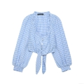 Women's Blue Gingham V-Neck Long Sleeve Crop Top With Ruffles And Tie Knot Hem Fashion 100% Polyester Plaid Blouse For Spring Summer Lady Daily Casual Wear