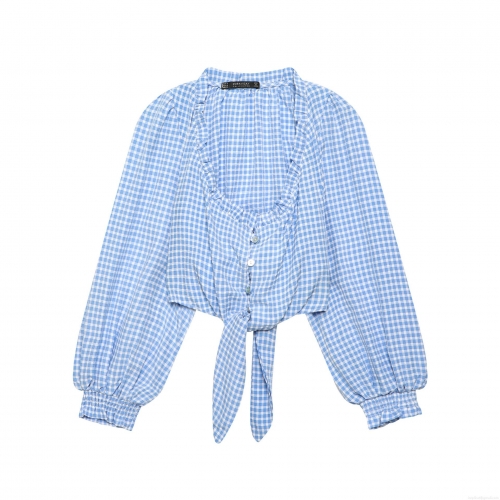 Women's Blue Gingham V-Neck Long Sleeve Crop Top With Ruffles And Tie Knot Hem Fashion 100% Polyester Plaid Blouse For Spring Summer Lady Daily Casual Wear