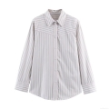 Women Fashion Striped Poplin Shirt Padded Shoulder Long Sleeve Blouse Grey White Vertical Stripes Single Breasted Top Classic Shirt Collar Casual Office Button Down