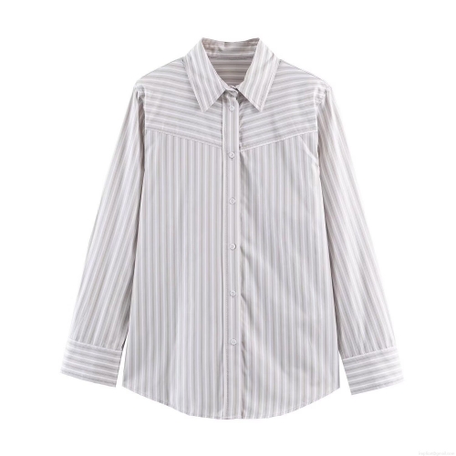 Women Fashion Striped Poplin Shirt Padded Shoulder Long Sleeve Blouse Grey White Vertical Stripes Single Breasted Top Classic Shirt Collar Casual Office Button Down
