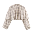 Women's Vintage Plaid Ruffle Mock Neck Long Sleeve Top Layered Cape Design Cropped Blouse For Spring Autumn Elegant Ladies Fashion