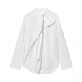 Women's Elegant White Poplin Blouse Oversized Bow Tie Long Sleeve Shirt Fashion Casual Office Wear Sweet Style Top Lady Clothing