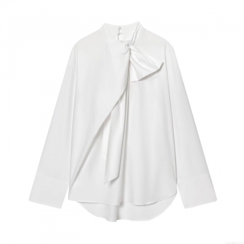 Women's Elegant White Poplin Blouse Oversized Bow Tie Long Sleeve Shirt Fashion Casual Office Wear Sweet Style Top Lady Clothing